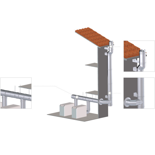 Dubbelwandig modulair kanaal van roestvrij staal, met 0,5 mm dikke binnenwand en 30 mm steenwolisolatie en met optionele afdichtingspakking