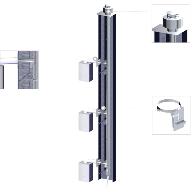 Single-walled stainless steel collective modular chimney for overpressure evacuation of wall-mounted gas condensing boilers, designed for the renovation of an on-site shunt