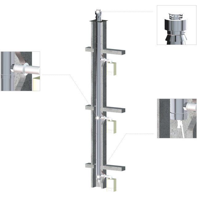 Stainless steel concentric modular chimney for overpressure evacuation for room-sealed gas condensing gas boilers