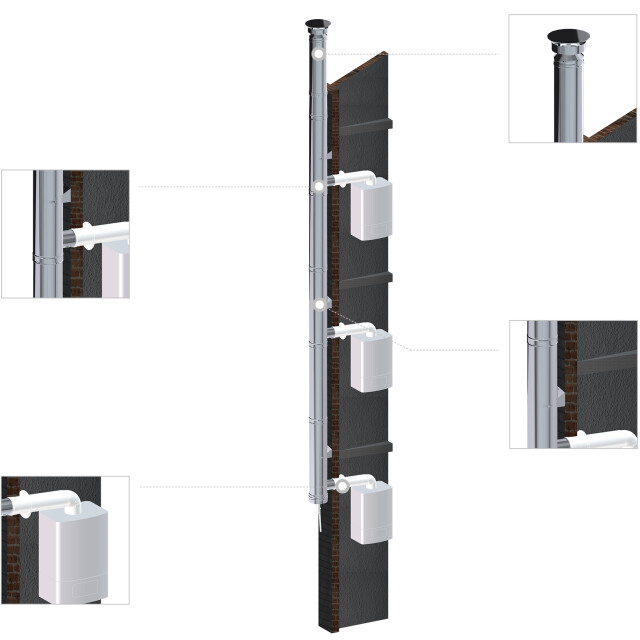 Double-walled stainless steel modular collective chimney, mounted on the outside of the building, for overpressure evacuation of wall-mounted gas-fired condensing boilers